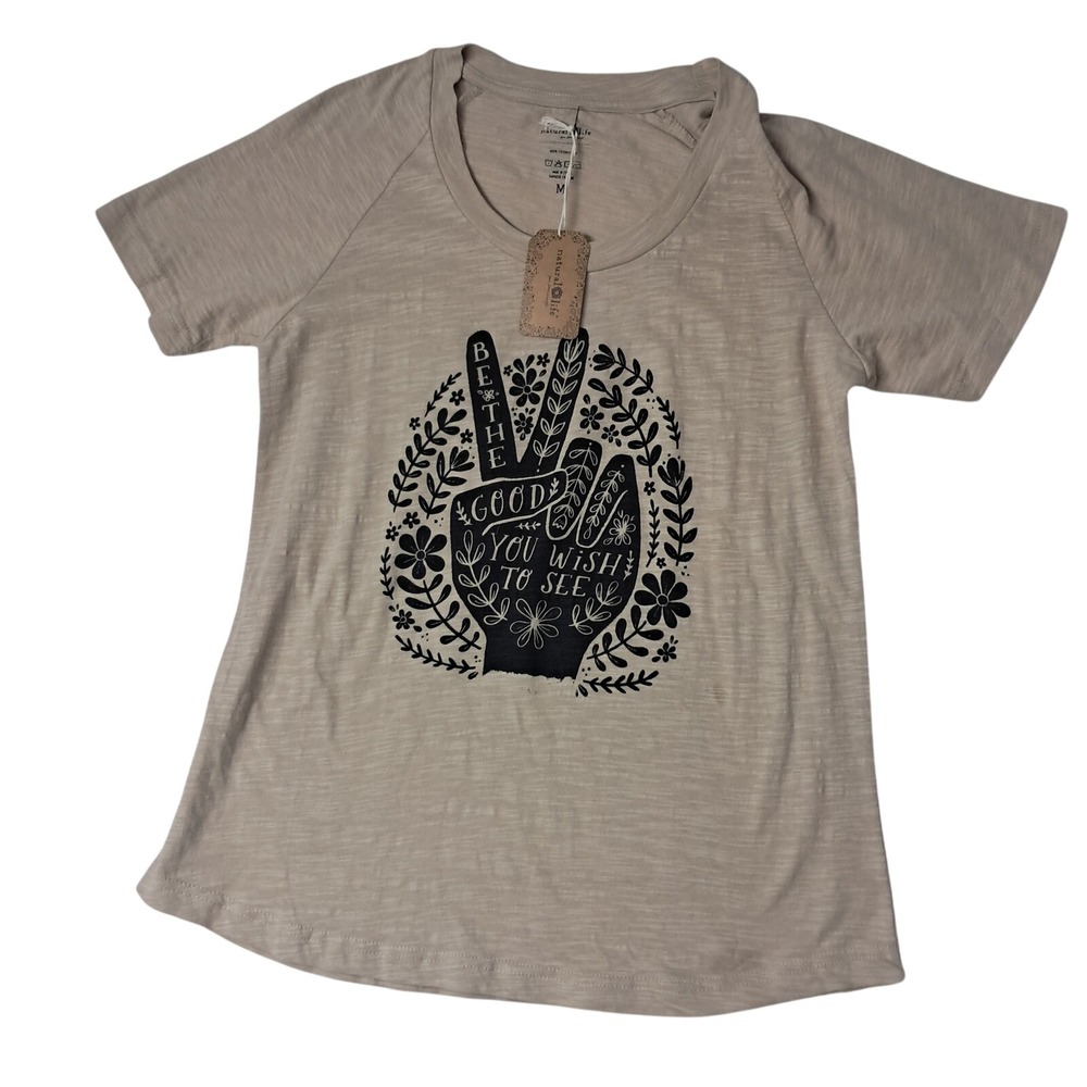 Natural Life T Shirt Womens Medium Beige Be The Good Peace Graphic Slub Knit Tee
